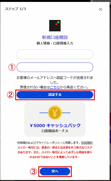 ザオプションの認証コード入力画面