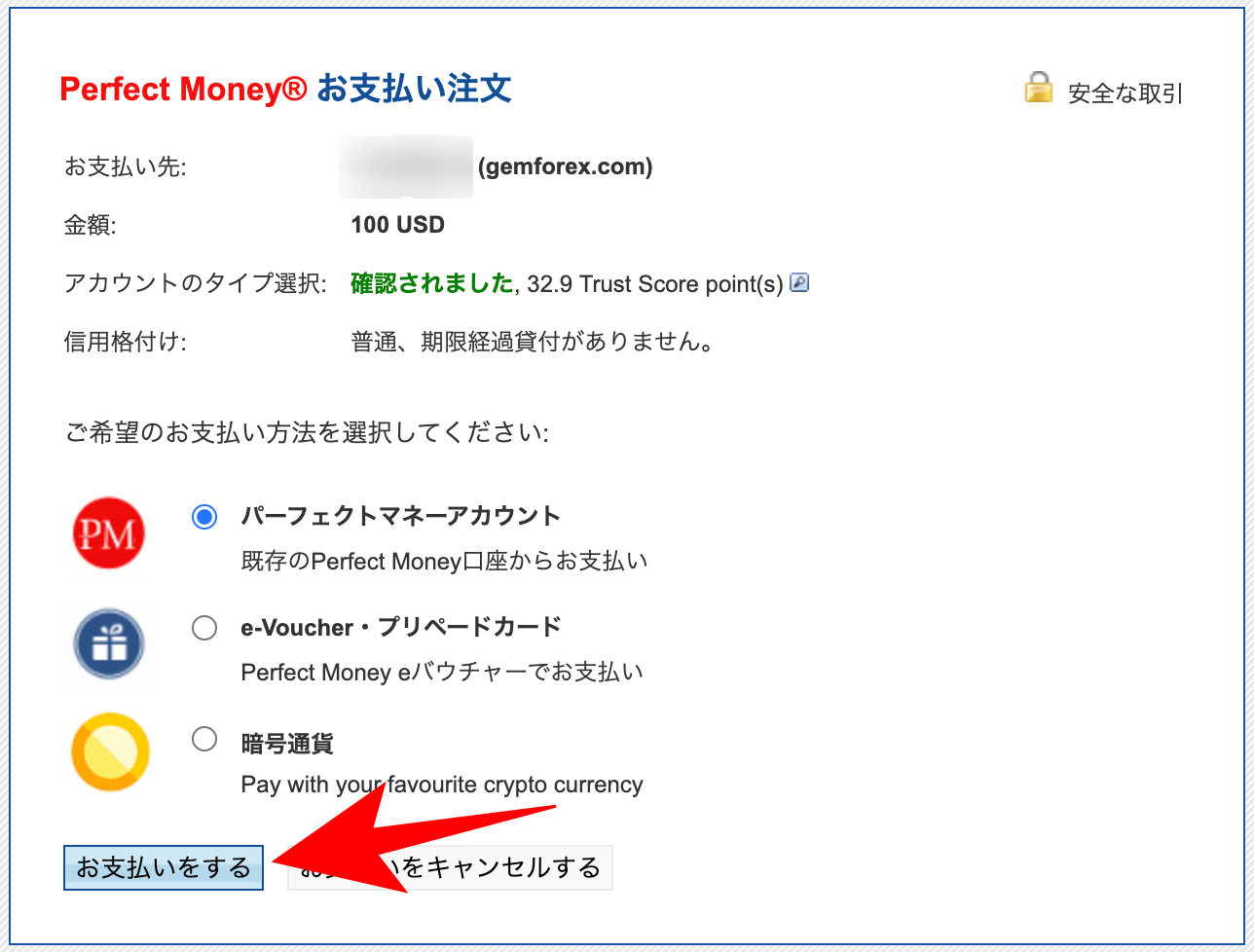 PerfectMoneyの画面で決済