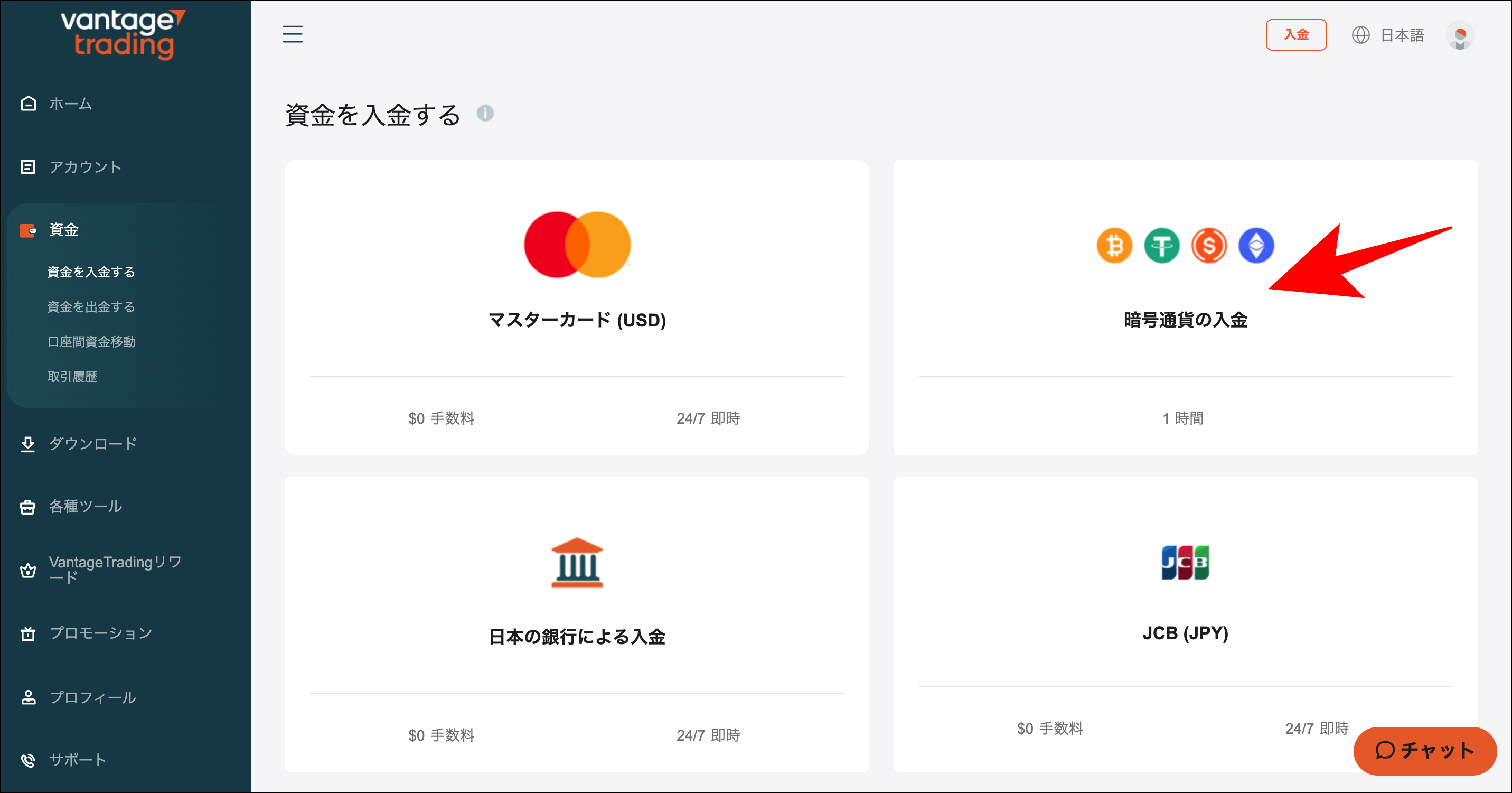 VantageTradingの入金方法④仮想通貨